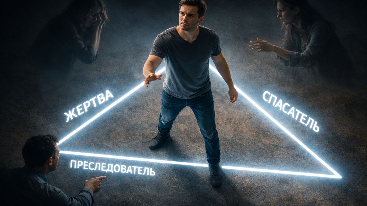Мужчина стоит внутри ярко светящегося треугольника Карпмана и делает шаг к свету, выходя из ролей Жертва, Преследователь и Спасатель. Образ символизирует восстановление агентность, отказ от драматических сценариев и переход к взрослой позиции автора своей жизни.