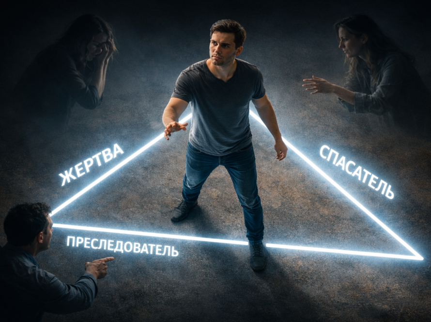 Мужчина стоит внутри ярко светящегося треугольника Карпмана и делает шаг к свету, выходя из ролей Жертва, Преследователь и Спасатель. Образ символизирует восстановление агентность, отказ от драматических сценариев и переход к взрослой позиции автора своей жизни.